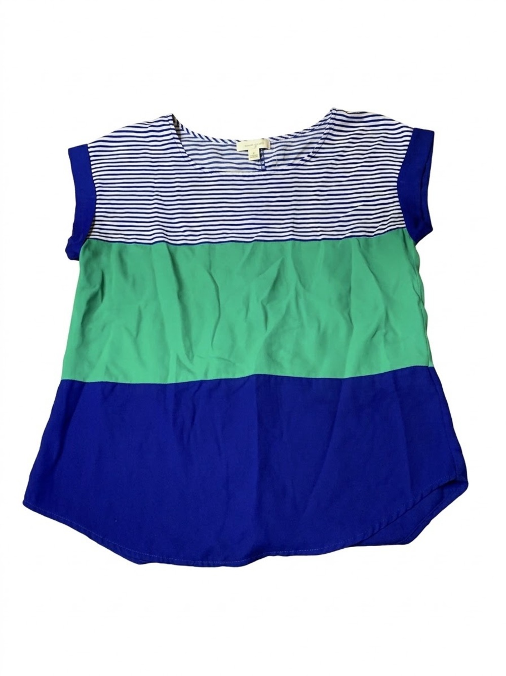 E&M Striped Colorblock Short Sleeve Blouse Size S Blue Green White Back Buttons